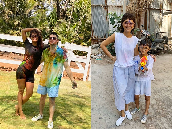 निक जोनस के साथ प्रियंका चोपड़ा (बायां फोटो)। आमिर की पत्नी किरण राव और बेटा आजाद (दायां फोटो)। - Dainik Bhaskar