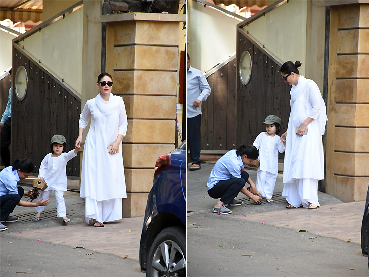 तैमूर के एक हाथ में थी डलिया तो दूसरे से उन्होंने मम्मी का हाथ पकड़ा। पैरों में चप्पल फंसी तो नैनी ने उसे ठीक किया