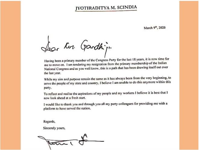 सिंधिया ने कांग्रेस की प्राथमिक सदस्यता से इस्तीफे की चिट्‌ठी ट्वीट की।