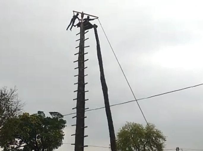 स्तंभ 'मेघनाद' पर उल्टा होकर लटकते युवा। - Dainik Bhaskar