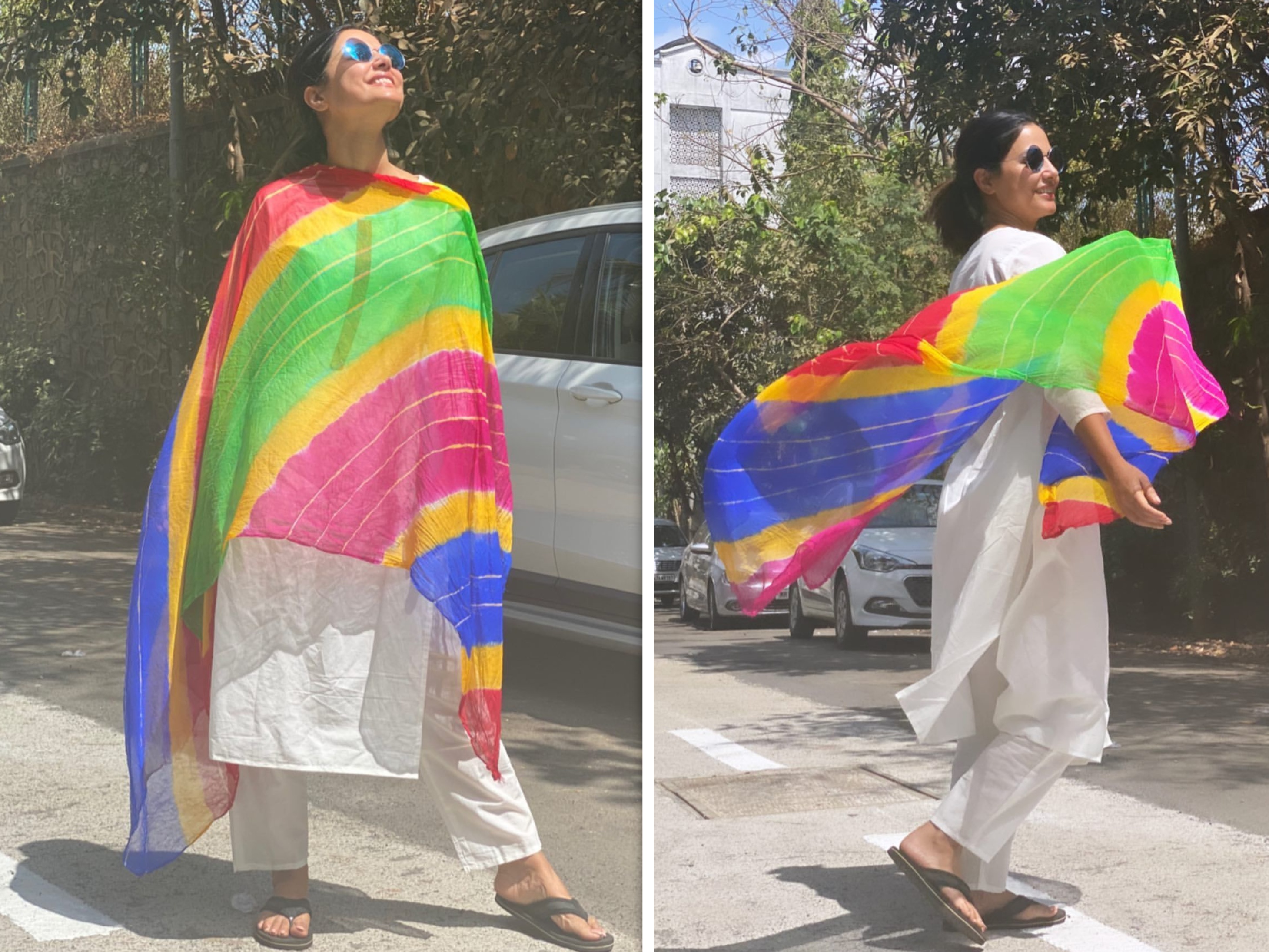 हिना ने त्यौहार के मौके पर सफेद रंग के कुर्ते पजामे के साथ रंगीन लहरिया प्रिंट चुनरी पहनी है। बंधे बालों में बिना मेकअप के हिना काफी खूबसूरत दिखीं। उन्होंने राउंड शेप रिफ्लेक्टर ग्लासेज भी पहने हुए हैं।