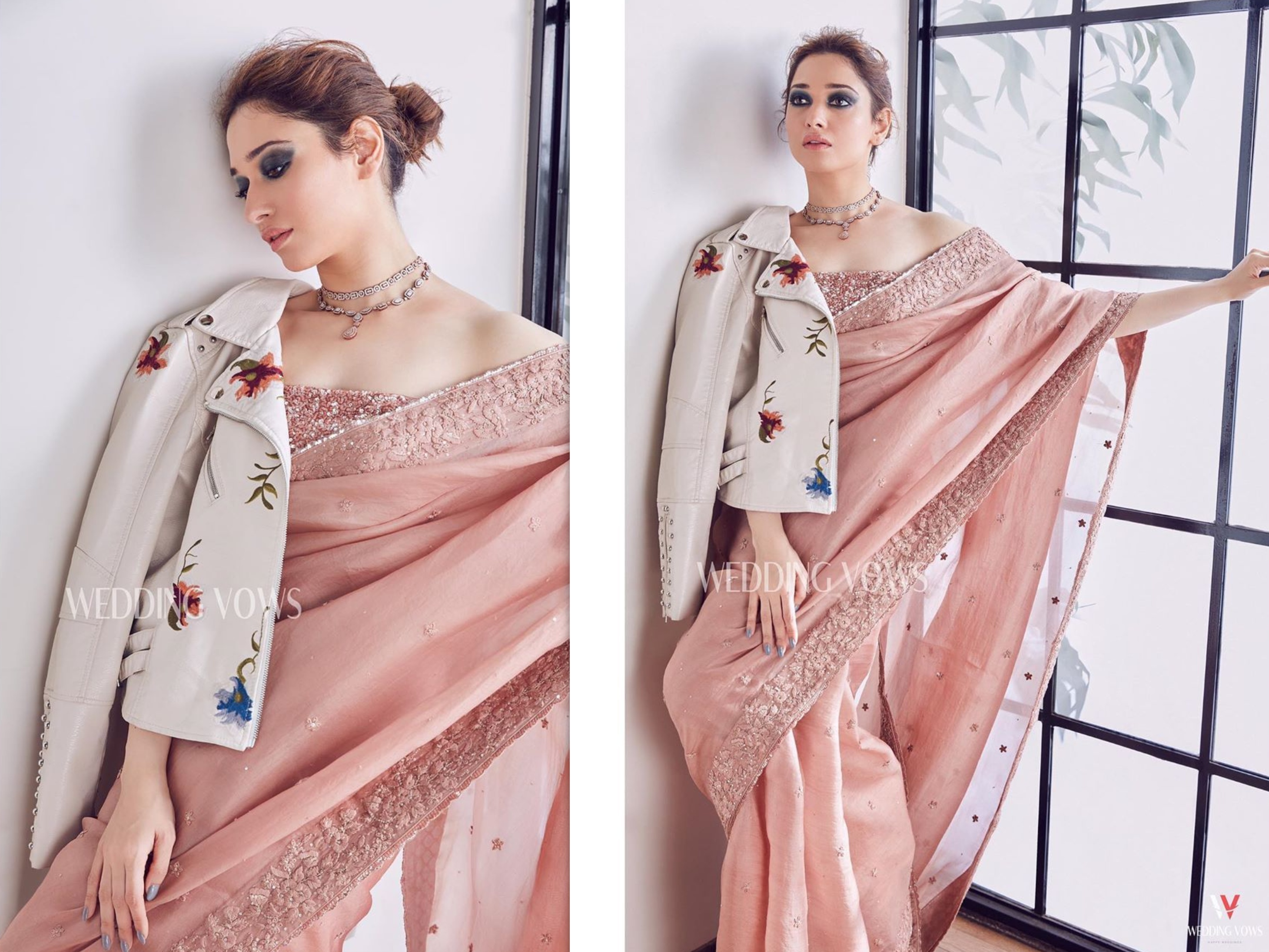 हाल ही में तमन्ना ने एक मैगज़ीन कवर पेज के लिए फोटोशूट करवाया था जिसकी तस्वीरें तमन्ना ने अपने इंस्टाग्राम अकाउंट से शेयर की हैं। तस्वीर में तमन्ना पीच रंग के ट्यूब ब्लाउज के साथ पीच कलर की साड़ी पहनी दिख रही हैं। ऑफ व्हाइट फ्लोरल एब्रॉईडरी वाली जैकेट इस ट्रेडिशनल लुक को और स्टाइलिश बना रही है। मेस्सी हेयरडू के साथ तमन्ना स्मोकी आई मेकअप की हुई हैं।