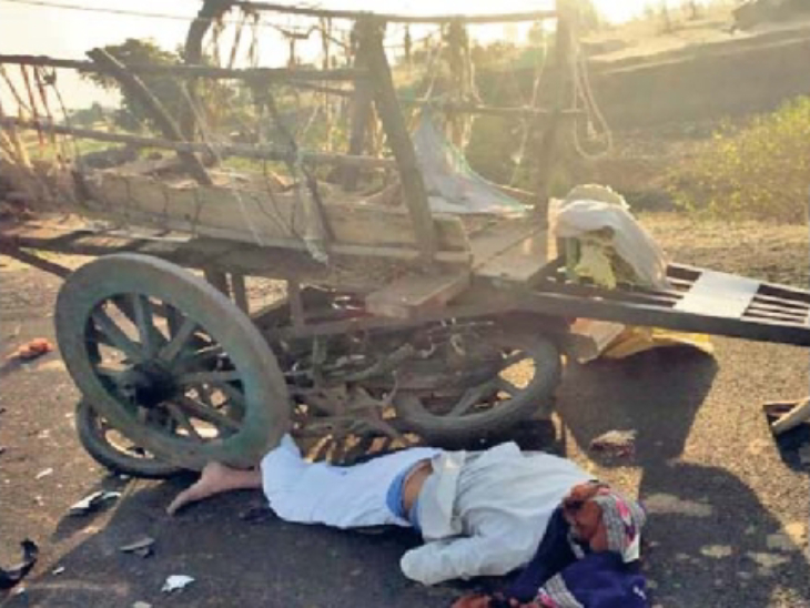 बाड़ीगांव के पास टकराने के बाद बाइक और उसका चालक बैलगाड़ी के नीचे जा घुसे। - Dainik Bhaskar