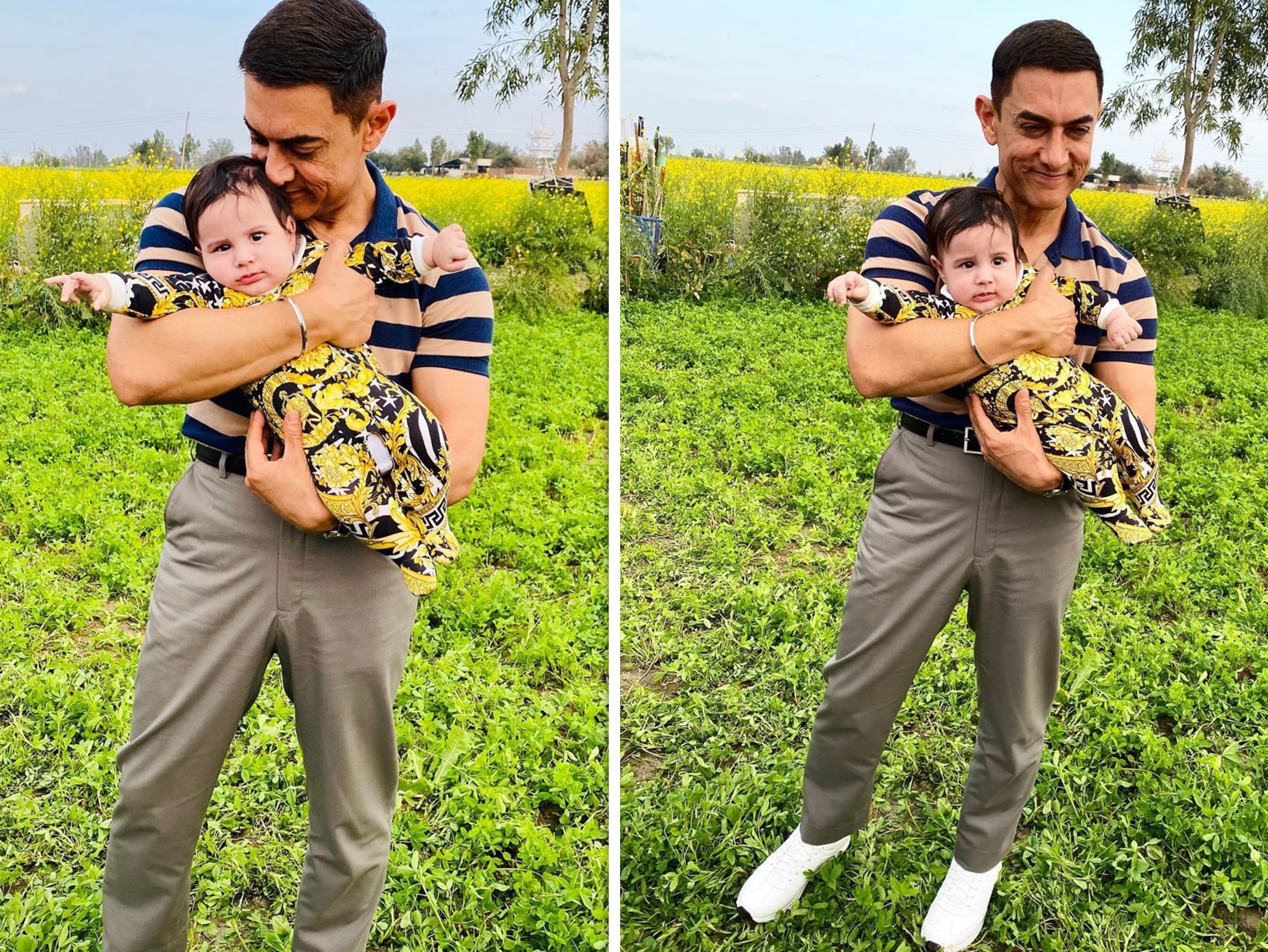 इन तस्वीरों में आमिर बच्चे को प्यार करते नजर आ रहे हैं। वहीं बच्चा भी आमिर की गोद में बेहद खुश दिख रहा है। इस क्यूट बच्चे का नाम गुरबाज सिंह ग्रेवाल है। आमिर इन तस्वीरों में नीले रंग की लाइनिंग टी-शर्ट के साथ हाई वेस्ट पैंट पहने हुए हैं।