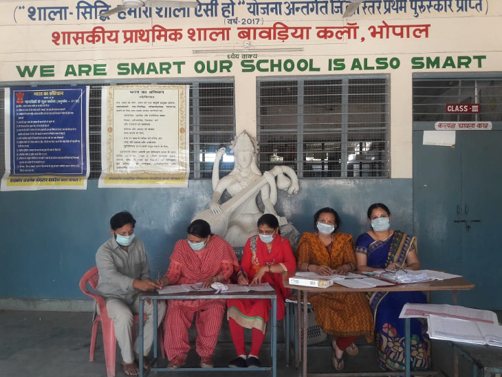 भोपाल के एक स्कूल में शिक्षक मॉस्क लगाकर पहुंचे हैं। - Dainik Bhaskar