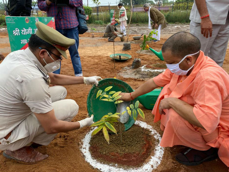 श्रीराम जन्मभूमि परिसर में पौधारोपण करते सीएम योगी।