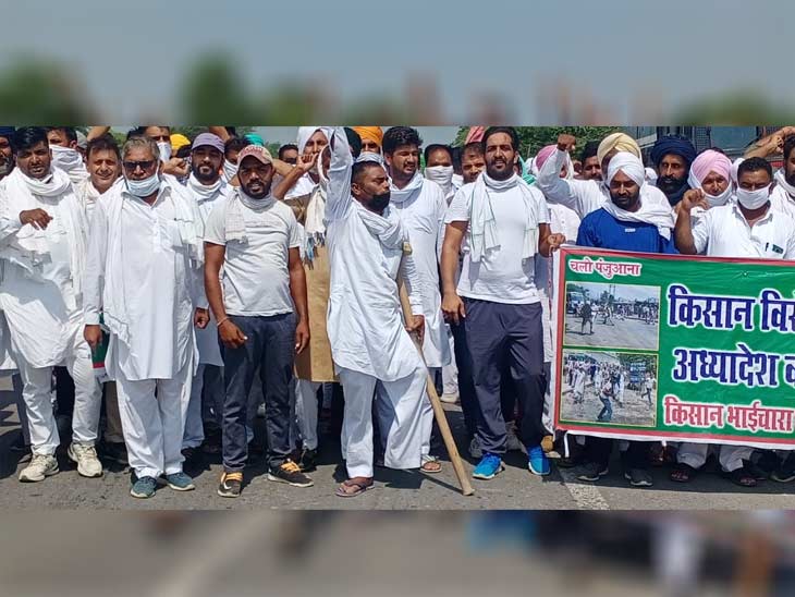 सिरसा जिले के गांव पंजुआना में नेशनल हाइवे पर प्रदर्शन करते किसान।