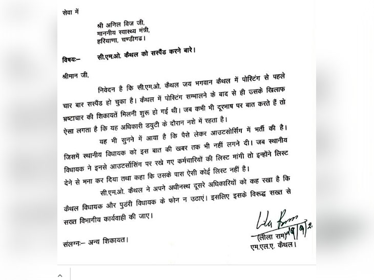 विधायक लीला राम गुर्जर की तरफ से सेहत मंत्री अनिल विज को लिखा गया पत्र।