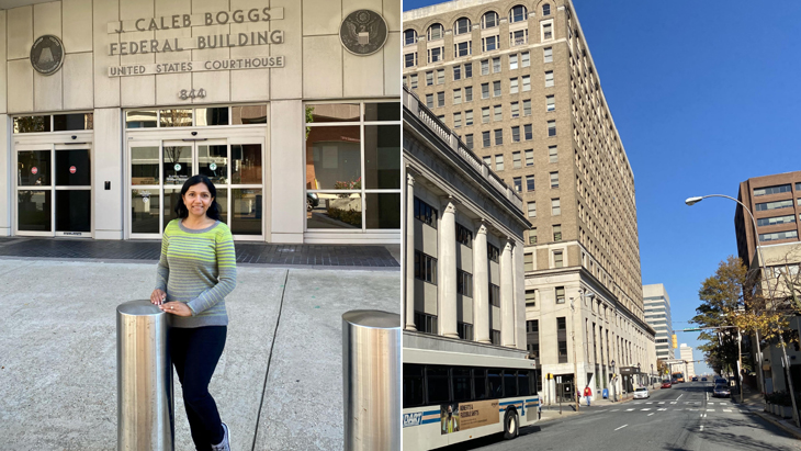 Writer Rekha Patel near the court building in Delaware.