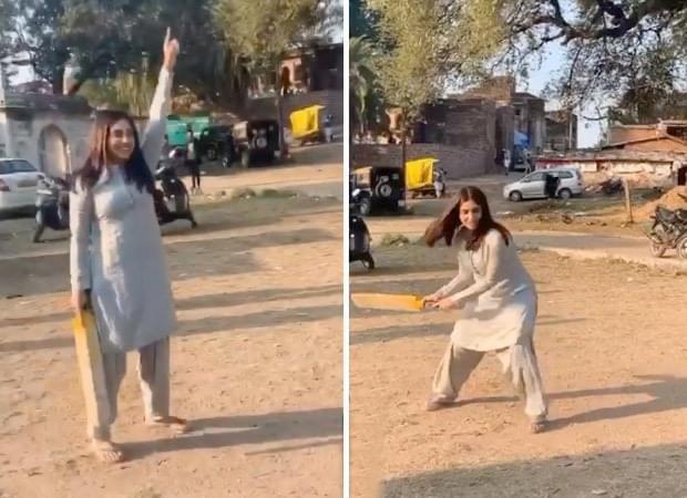 इस्लाम नगर में शूटिंग के बीच में यूनिट के साथ क्रिकेट खेलती एक्ट्रेस भूमि पेडनेकर।