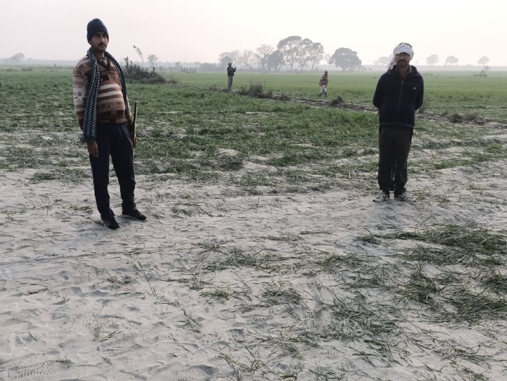 अपने खेत के पास खड़े होकर बर्बाद हुई फसल दिखाते किसान ब्रजेश कुमार।