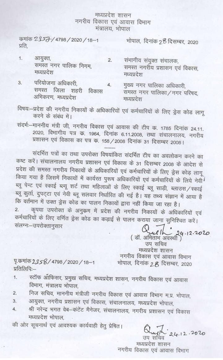 नगरीय विकास एवं आवास विभाग द्वारा सभी नगरीय निकायों को प्रेषित पत्र।