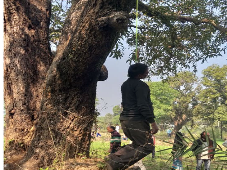 पिता चतुर्भुज का शव पेड़ से लटकते हुए।