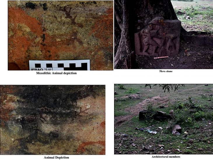 रॉक पेंटिंग में जानवरों के चित्र उकेरे गए, वहीं क्षेत्र में बिखरे कल्चुरी व चंदेल काल के पाषण।