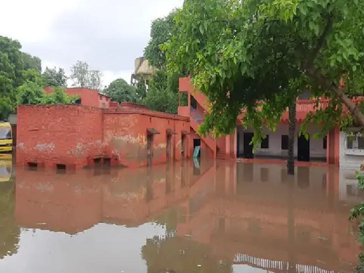 अजमेर जिले में अलवर गेट थाना क्षेत्र स्थित सेन्ट थॉमस स्कूल परिसर में भरा पानी।