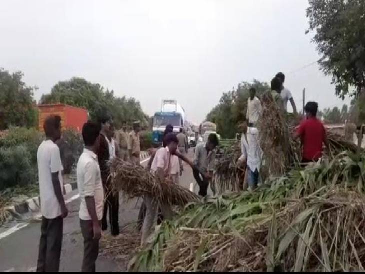 हाइवे पर हादसे के बाद पलटी हुई ट्रॉली से चारा उठाते ग्रामीण