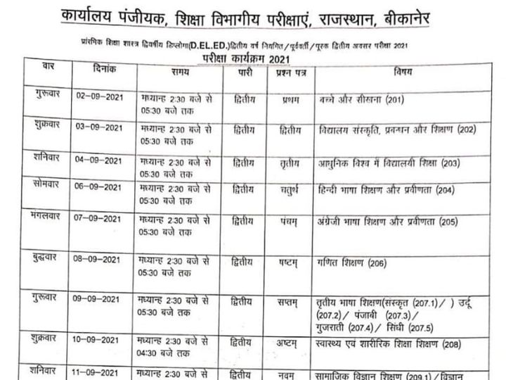 सेकंड इयर टाइम टेबल