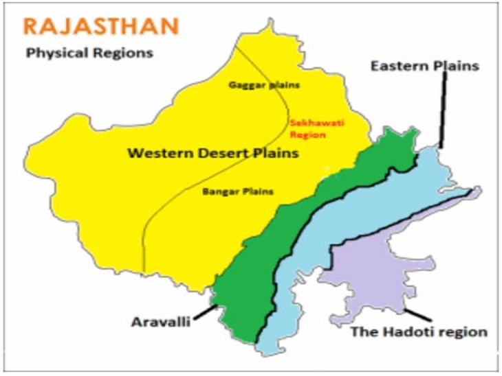 राजस्थान में अरावली, डेजर्ट, हाड़ौती, घग्गर की भौगोलिक स्थिति दिखाता मैप