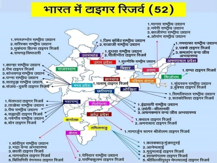 मैप से ही स्टेट वाइज भारत के टाइगर रिजर्व की जानकारी स्पष्ट दिख रही है। पता चल रहा है कौनसा रिजर्व कौन से स्टेट में है और संख्या कितनी है।