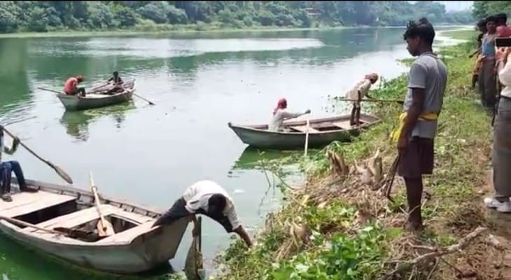 नाव से नदी में जाकर सफाई करते हुए।
