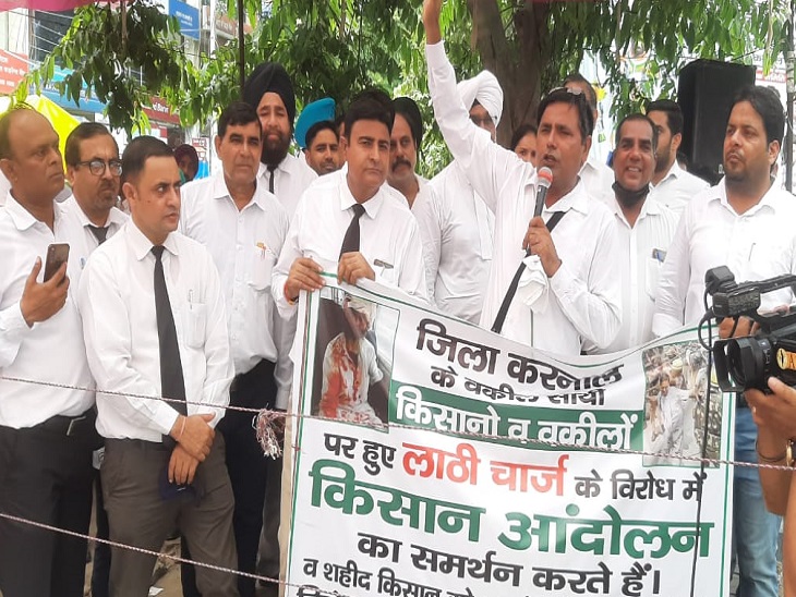 किसानों के धरने को समर्थन देने पहुंचे करनाल बार एसोसिएशन के अधिवक्ता।