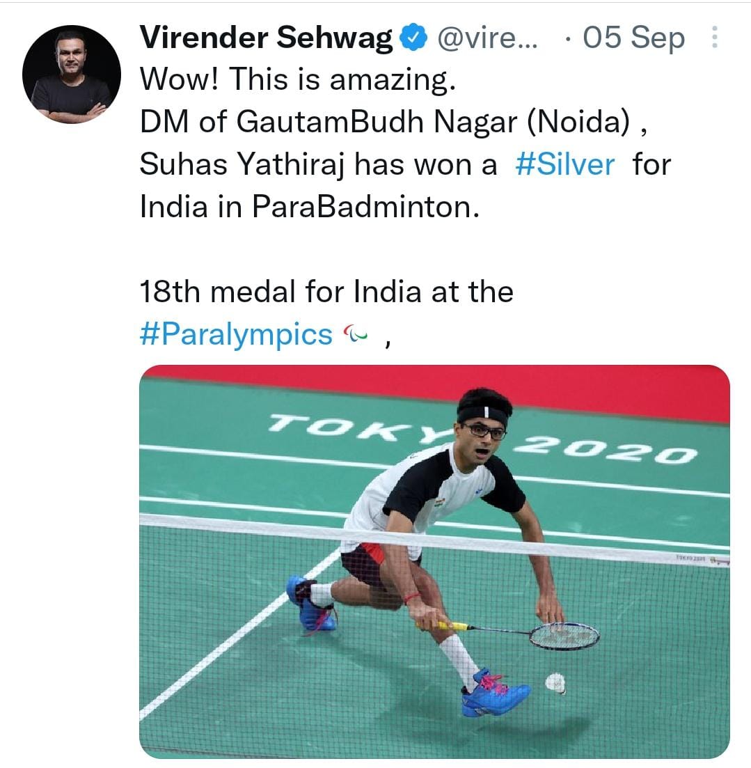 टोक्यो पैरालिंपिक के योद्धा डीएम सुहास एल वाई की जीत पर सहवाग का बधाई संदेश