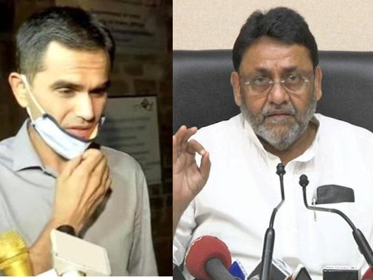 नवाब मालिक (दाएं) लगातार समीर वानखेड़े पर हमलावर हैं और क्रूज ड्रग्स केस को फर्जी बता रहे हैं। - Dainik Bhaskar