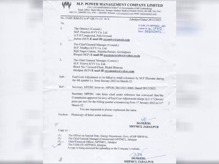 मप्र राज्य विद्युत नियामक आयोग ने जारी किया आदेश।