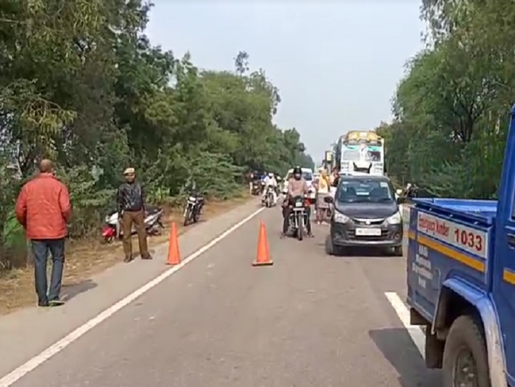भिवानी जींद रोड पर हादसे के बाद जाम में फंसे वाहन।