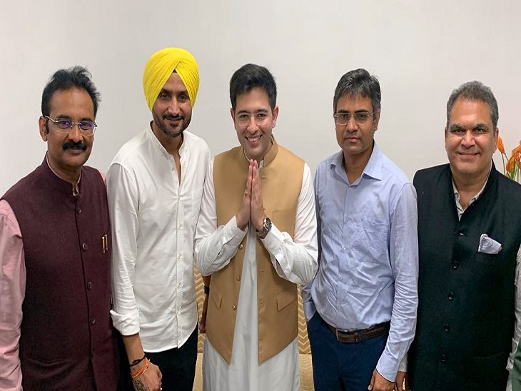 पंजाब से AAP के 5 उम्मीदवारों में शामिल अशोक मित्तल, हरभजन सिंह, राघव चड्‌ढा, डॉ. संदीप पाठक और संजीव अरोड़ा।