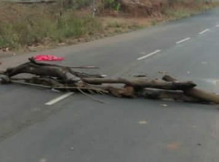 सड़क पर लकड़ी डाल कर मार्ग बाधित किया है।