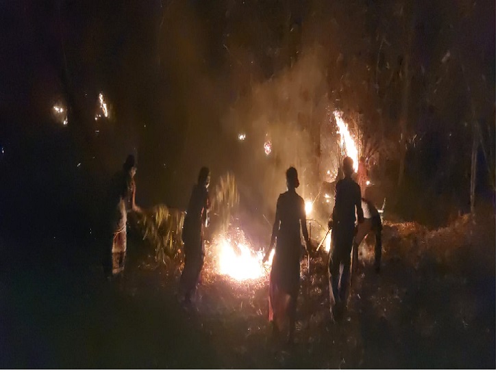 आसपास के लोगों के साथ ही महिलाएं आग बुझाने के लिए मशक्कत करती रहीं