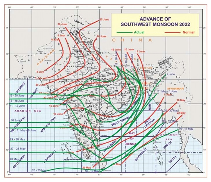 हरे रंग की रेखाओं से मानसून की स्थिति दिखाई गई है। सोमवार को यह रेखा छत्तीसगढ़ की उत्तरी सीमाओं को पार खींची गई।