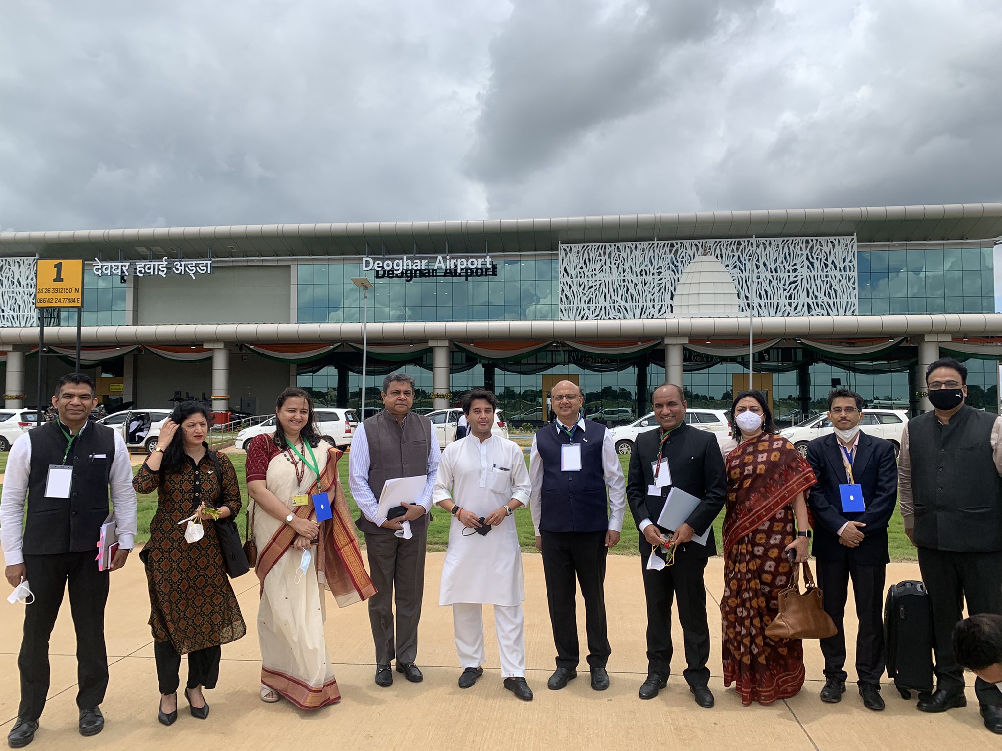 Civil Aviation Minister Jyotiraditya Scindia and others at Deoghar airport.