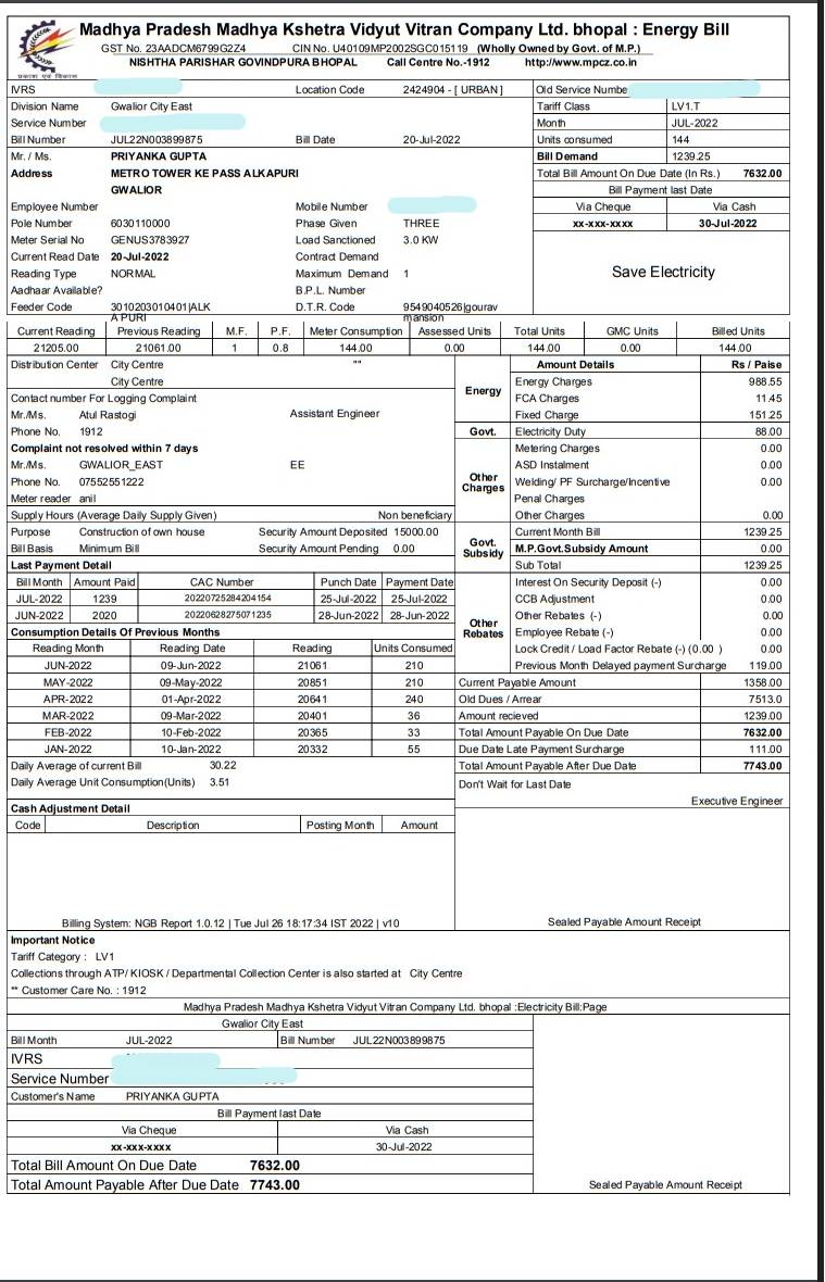Pradhuman Singh Tomar; MP Minister Gwalior House Electricity Bill 3400