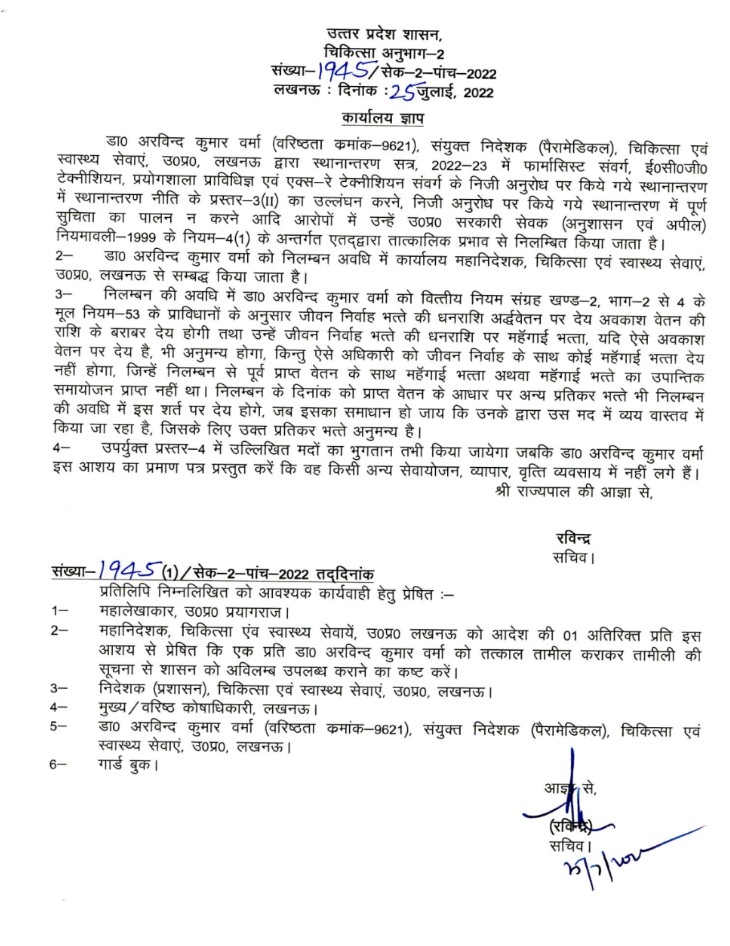 25 जुलाई को निलंबन का आदेश जारी हुआ था।