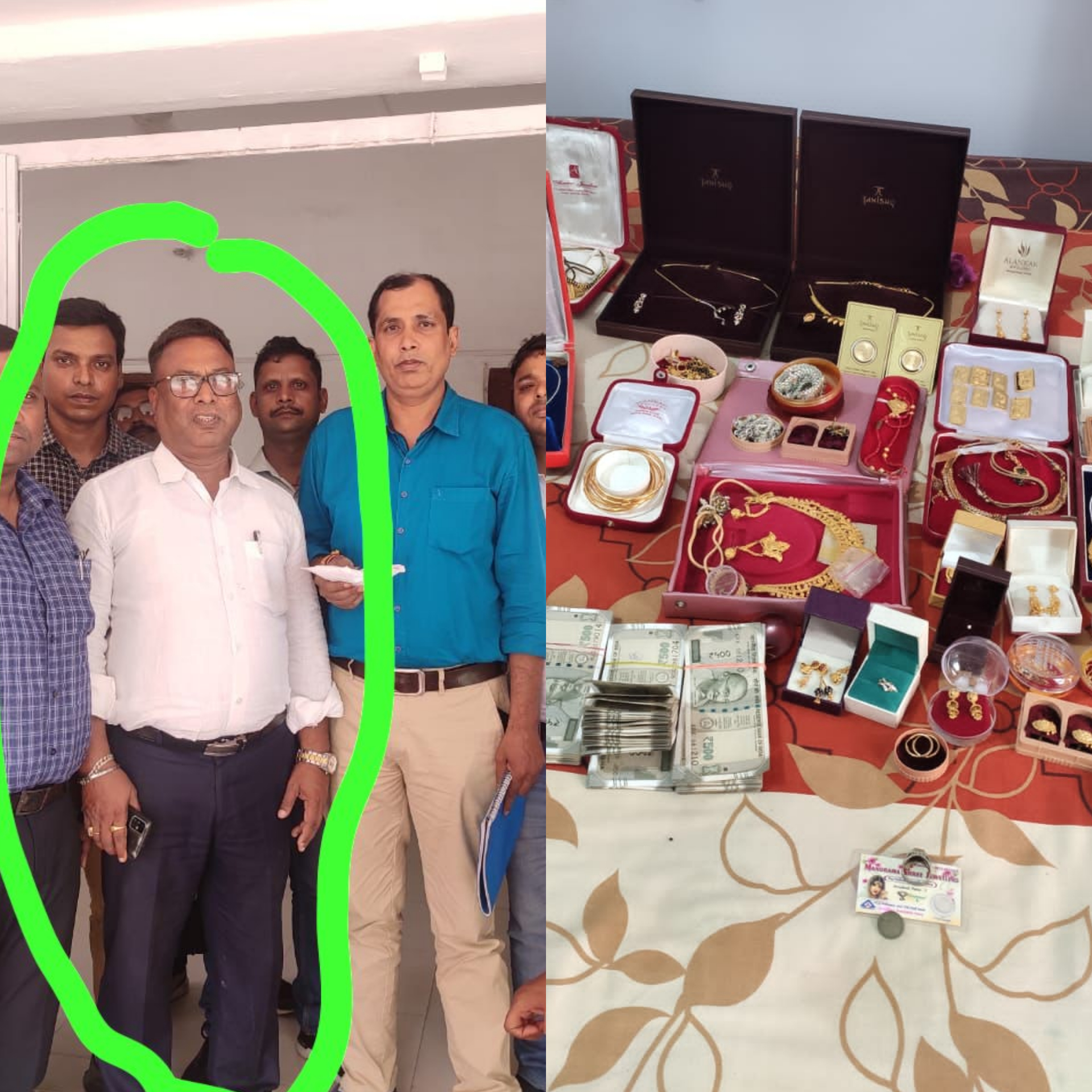 घेरे में गिरफ्तार सुपरिटेंडेंट इंजीनियर और घर से बरामद ज्वेलरी व कैश। - Dainik Bhaskar