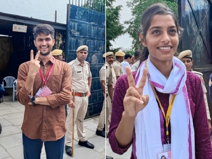 निर्मल, निहारिका को रितु बराला दे रही टक्कर, अजमेर में ABVP की जीत, उदयपुर में आगे | Rajasthan University Election Result LIVE | RU Union Election Vote Counting Updates; Jaipur, Alwar, NSUI, ABVP 13 कॉमर्स कॉलेज के बाहर निर्दलीय प्रत्याशी निर्मल चौधरी और निहारिका जोरवाल दोनों विक्ट्री साइन दिखाते हुए।