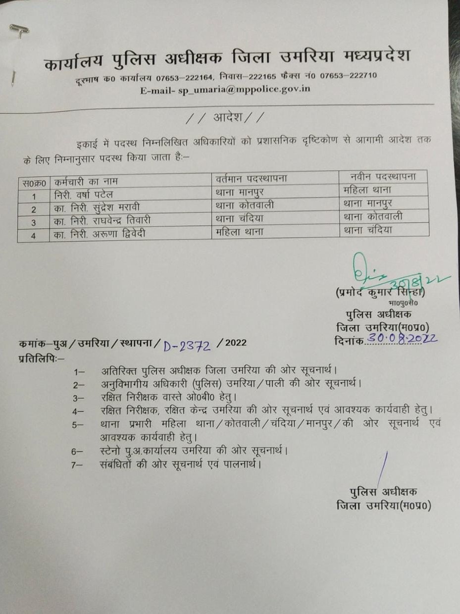 पुलिस अधीक्षक के आदेश की कॉपी