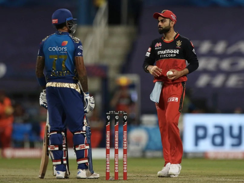 IPL 2020 के दौरान विराट कोहली सूर्या को आंख दिखाते हुए।