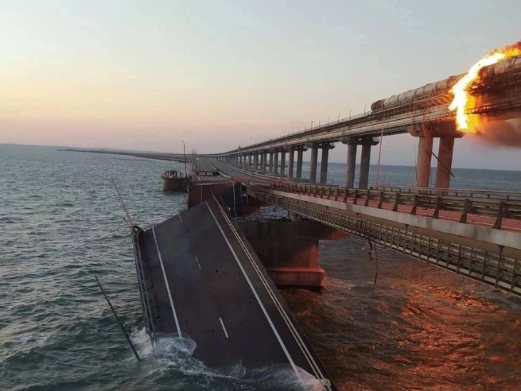 After the blast, the Kerch Railway Bridge caught fire. A part of the roadway bridge fell into the river.