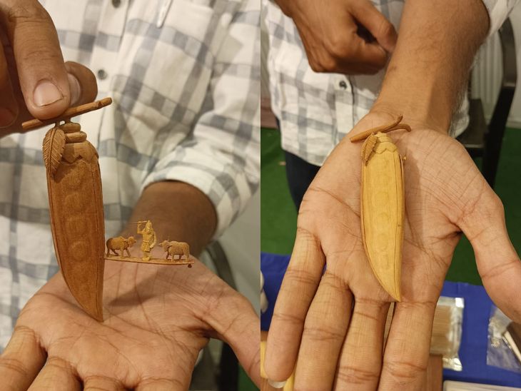 चंदन की लकड़ी को इमली की फली क रूप देकर कृष्ण का ग्वाल रूप दिखाया है।