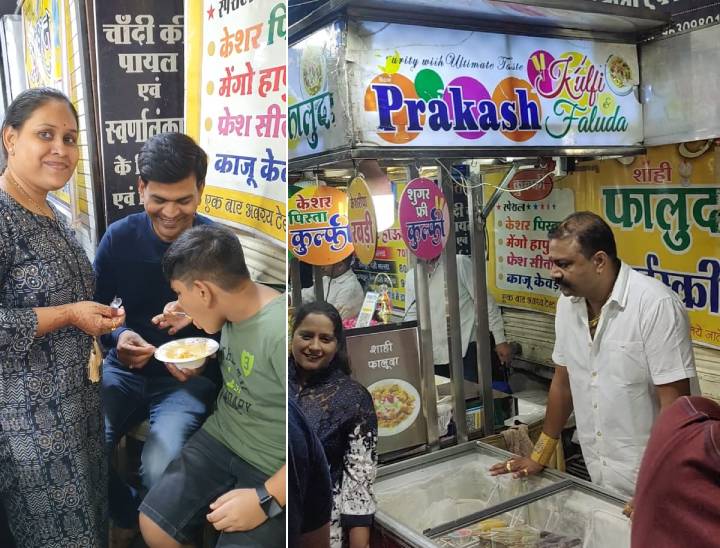 हर शाम प्रकाश कुल्फी की दुकान पर लोगों का जमावड़ा लग जाता है। यहां लोग परिवार के साथ आते हैं और कुल्फी का मजा लेते हैं।