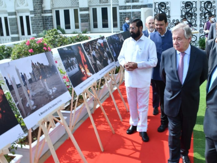 UN General Secretary Antonio Guterres on Wednesday paid tribute to those killed in the 26/11 terror attack at the Taj Hotel in Mumbai. During this, Maharashtra CM Eknath Shinde and Deputy CM Devendra Fadnavis were also present with him.
