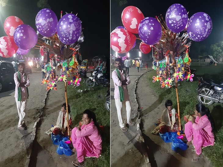 कटिहार में छठ घाट पर सुबह सवेरे ठंडी हवा के बीच छठ घाट पर गुब्बारे और खिलौने बेचती छोटी बच्ची।
