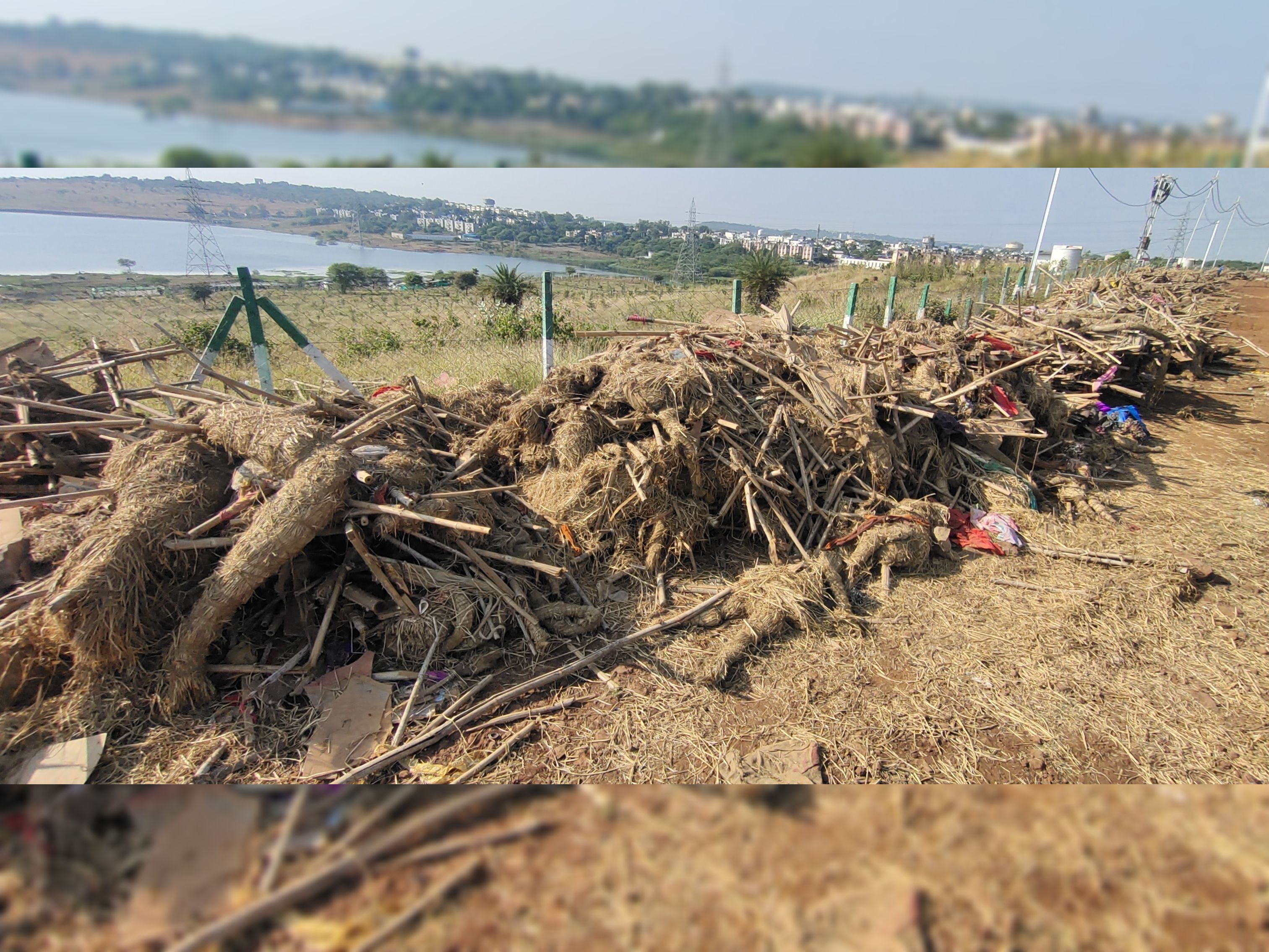 कलियासोत किनारे रखे मूर्तियों के स्ट्रक्चर, जिनसे ट्री गार्ड और ट्री सपोर्ट बनाए जा रहे हैं। - Dainik Bhaskar