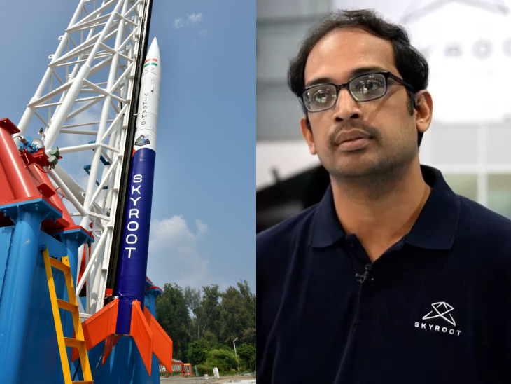 स्काईरूट विक्रम-S लॉन्चिंग के लिए तैयार। दाएं तरफ कंपनी के फाउंडर पवन कुमार चंदना