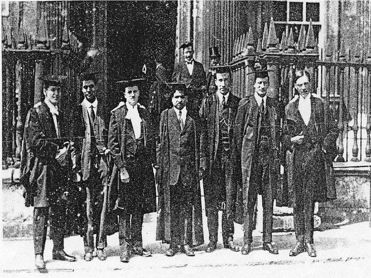 Ramanujan (centre) and his colleague G.H.  Hardy (far right), with other scientists.