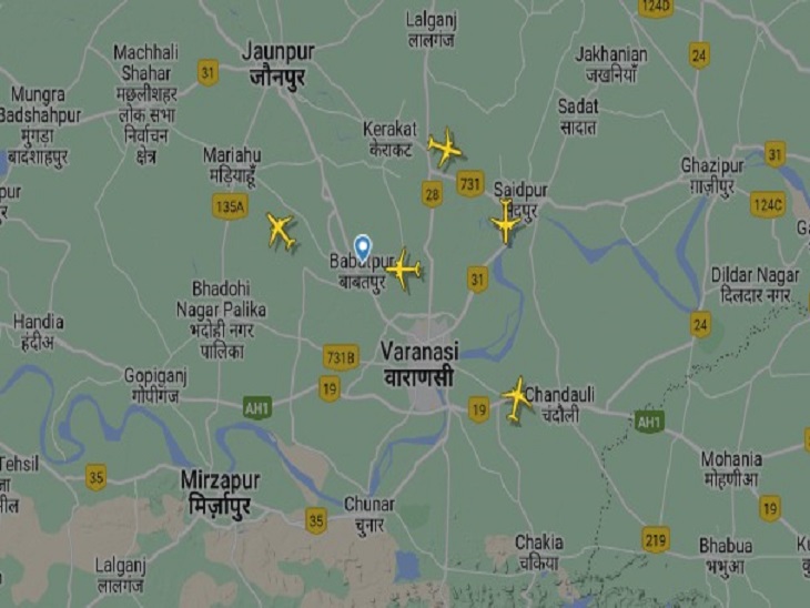 इस इमेज के माध्यम से समझा जा सकता है कि 5 फ्लाइट वाराणसी हवाई क्षेत्र में किस तरह से चक्कर काट रहीं थीं। फ्यूल खत्म होने की आशंका में पांचों फ्लाइट को अन्य एयरपोर्ट के लिए डायवर्ट कर दिया गया।