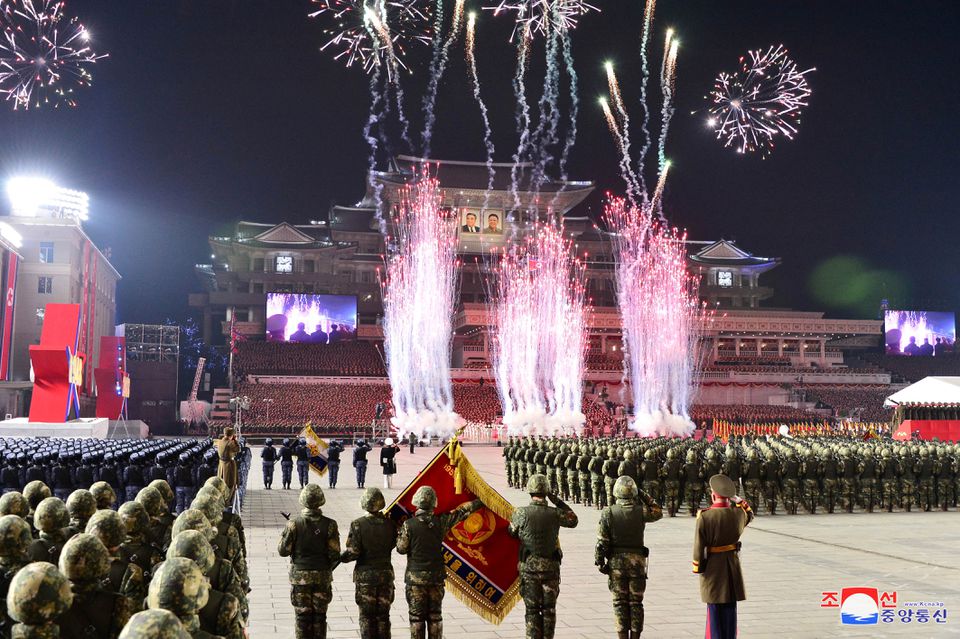 In the parade, many jets, turboprop aircraft and helicopters with colorful lights were seen flying over Kim Il Sung Square.